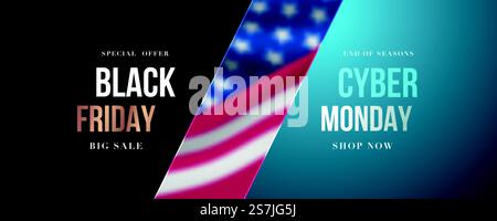 Long horizontal banner for Black Friday and Cyber Monday Sale. Modern Sale design template with blured US flag. Vector promo banner. Stock Vector
