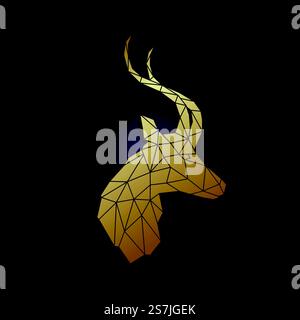 Antelope golden head, geometric silhouette isolated on dark background. Antelope low poly portrait. Vector illustration. Stock Vector