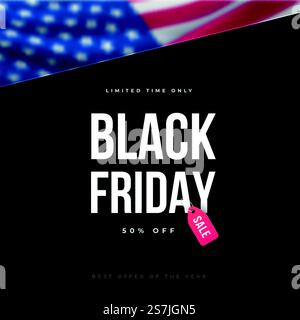 Black Friday Sale with red tag over a us flag background. Trendy advertising design for social media, web banners, promo flyers, etc. Stock vector illustration. Stock Vector