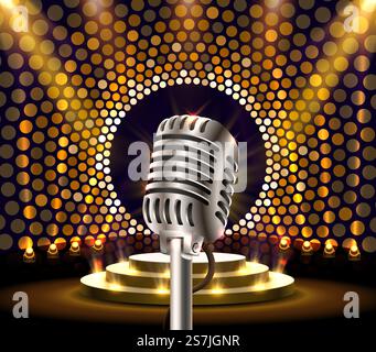The musical show, microphone on the golden scene. Vector illustration Stock Vector