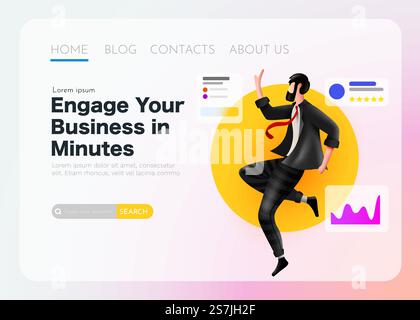 Businessman analyst flies around statistical data. Landing page template. Vector illustration. Businessman analyst flies around statistical data. Landing page template. Stock Vector