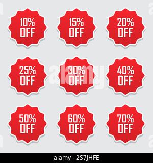 Sale tags set vector badges template, 10 off, 15 %, 20, 25, 30, 40, 50, 60, 70 percent sale label symbols, discount promotion flat icon with long shadow.. Sale tags set vector badges template, 10 off, 15 %, 20, 25, 30, 40, 50, 60, 70 percent sale label symbols, discount promotion flat icon with long shadow Stock Vector