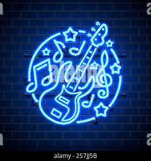 Neon label music rock banner. template design element. Vector illustration Stock Vector