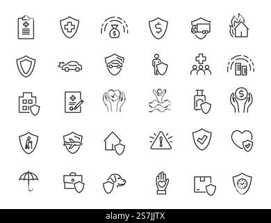Set of linear insurance icons. Finance protection icons in simple design. Vector illustration Stock Vector