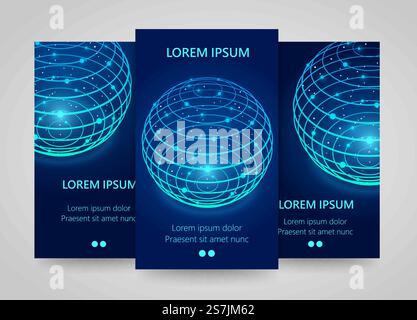 Modern network vertical banners, Global sphere sign, 3d neon sphere, Planet flyer set. global network infographics. Vector illustration. Modern network vertical banners, Global sphere sign, 3d neon Stock Vector