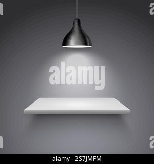 Spotlight shelf on wall background vector design. Light gallery spot empty room advertising shelf lamp.. Spotlight shelf on wall background vector design. Light gallery spot empty room advertising shelf lamp Stock Vector