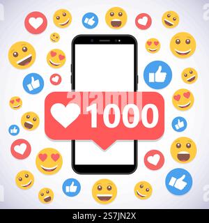 Smartphone with notification 1000 likes and smile for social media.. Smartphone with notification 1000 likes and smile for social media Stock Vector