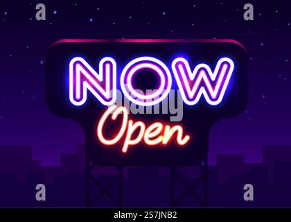 Now Open neon text vector design template. Now Open neon logo, light banner design element, night bright advertising, bright sign. Vector illustration Stock Vector