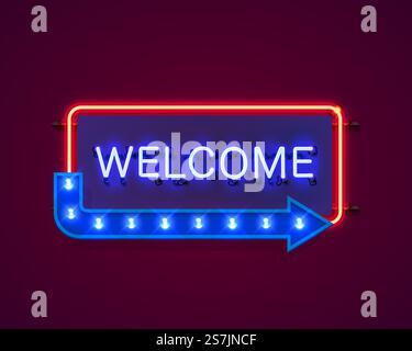 Neon welcome open signboard on the red background. Vector illustration Stock Vector