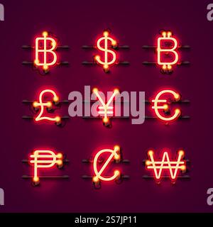 Currency neon symbols set on the red background. Vector illustration Stock Vector