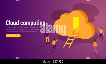 Door to innovation. Cloud computing. Group of people standing around big cloud with ladder and cloud. Creative people. Vector illustration Stock Vector