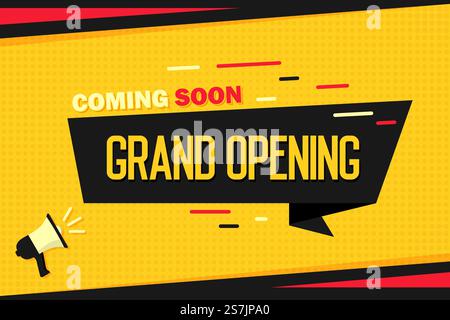 Coming soon Grand Opening. Megaphone with ribbon banner and halftone. Background for marketing Stock Vector