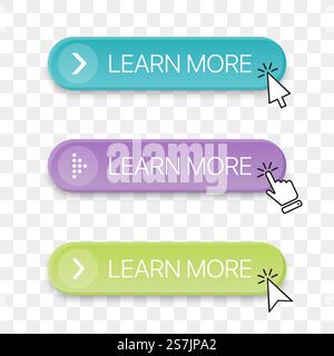 Learn more button icon collection with different clicking hand cursor Stock Vector