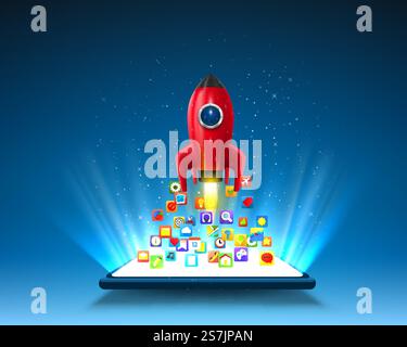 Mobile icons app rocket on the light background. Vector illustration Stock Vector