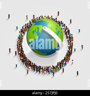 People surrounded the globe. 3d isometric. Vector illustration Stock Vector