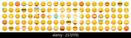 Big set of 100 emoticon smile icons. Cartoon emoji set. Vector emoticon set Stock Vector