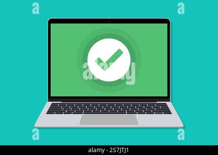 Laptop with check mark window in a flat design. Mockup of check for laptop in a flat design Stock Vector