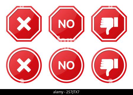 Set of red No signs with cross and dislike Stock Vector