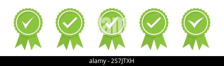Set of green approved or certified medal icons in a flat design Stock Vector