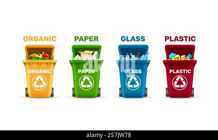 Waste bins, waste sorting, organic plastic glass and paper, a set of colored containers. Vector illustration Stock Vector