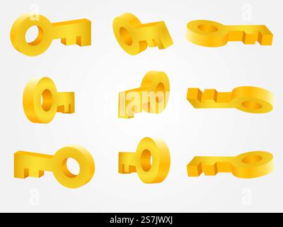 Vector golden key in different angles. Vector illustration. Vector golden key in different angles Stock Vector