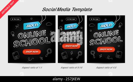 Back to online school social media template background with editable text effect and icon chalk style on black board. Stock Vector