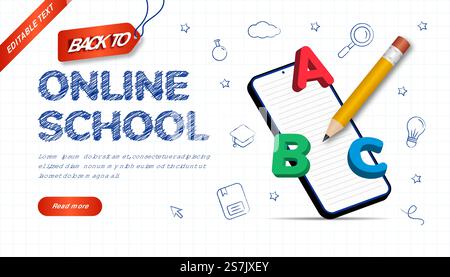 Hand drawn design back to school concept with editable text effect. Landing page online school with 3d pencil, alphabet and smartphone. Stock Vector