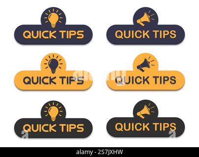 Set of quick tips badges with megaphone and lightbulb icon in a flat design Stock Vector