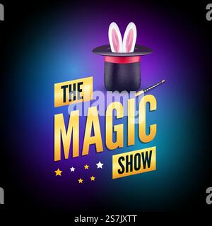 Magic poster design template. Magician logo concept with hat, rabbit and wand.. Magic poster design template. Magician logo concept with hat, rabbit and wand Stock Vector