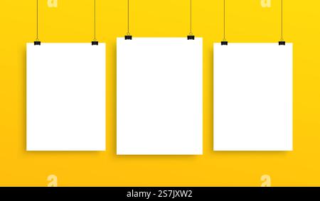 Collection of vertical hanging poster mockup, white blank sheets template on yellow wall Stock Vector