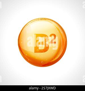 Vitamin B2 gold essence. Riboflavin drop pill vitamin treatment. Golden vector natural medicine isolated icon.. Vitamin B2 gold essence. Riboflavin drop pill vitamin treatment. Golden vector natural medicine isolated icon Stock Vector