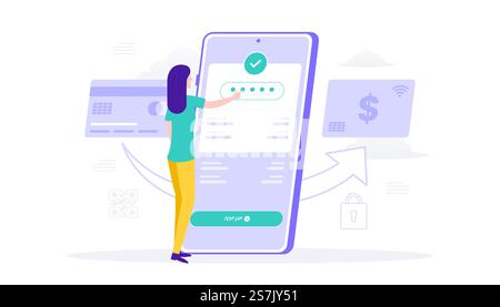 Woman top up e-wallet mobile app credit card payment concept suitable for user interface, ui, ux, web, mobile, banner and infographic. Stock Vector