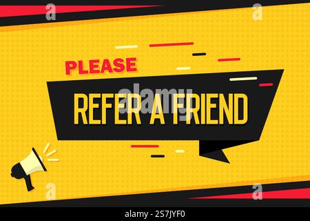 Refer a Friend. Megaphone with ribbon banner and halftone. Background for marketing Stock Vector