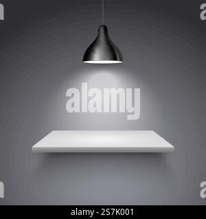 Spotlight shelf on wall background vector design. Light gallery spot empty room advertising shelf lamp.. Spotlight shelf on wall background vector design. Light gallery spot empty room advertising shelf lamp Stock Vector
