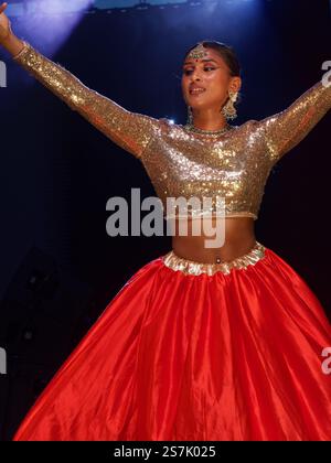 Veils of Bollywood dancer performs on stage in Montreal,Quebec,Canada Stock Photo
