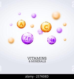 Vitamin mineral colorful elements background. Health care vitamins and minerals concept illustration.. Vitamin mineral colorful elements background. Health care vitamins and minerals concept illustration Stock Vector