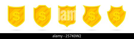 Set of golden different shields with dollar icon. Money protection Stock Vector