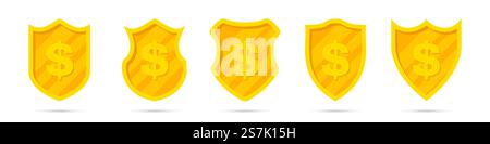 Set of golden different shields with dollar icon. Money protection Stock Vector