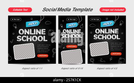 Back to online school social media template background with editable text effect and icon chalk style on black board. 3d Pencil Illustration. Stock Vector