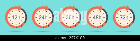 Set of clock arrow 12, 24, 36, 48, 72 hours in a flat design Stock Vector
