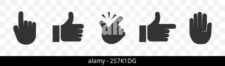 Set of hand icons: click, thumb up, snap, pointer, stop Stock Vector