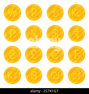 Set of golden coins most used currency symbols icon Stock Vector