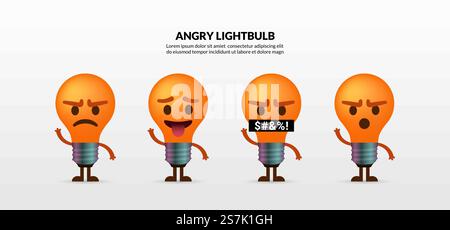Set of cute angry lightbulb characters on white background Stock Vector