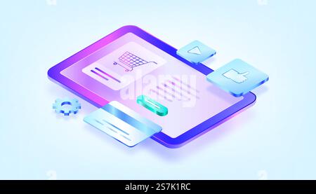 Online shopping. Design graphic elements, signs, symbols. Mobile marketing and digital marketing. 3D Gradient Isometric Illustrations. Suitable for ui, ux, web, mobile, banner and infographic. Stock Vector