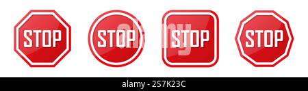 Set of red stop sign in different shapes Stock Vector
