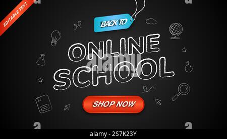 Back to online school background with editable text effect and icon chalk style on black board. Stock Vector