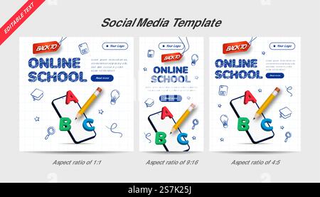 Hand drawn design back to school concept with editable text effect. Social media template online school with 3d pencil and colored pencils illustration. Stock Vector