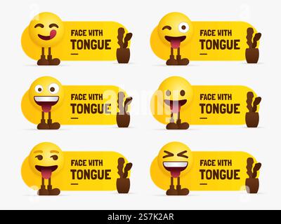 Emoji characters standing with text label, Set of smiling  with tongue emotional Stock Vector