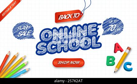 Hand drawn design back to school concept with editable text effect. Banner online school with 3d pencil and colored pencils illustration. Stock Vector