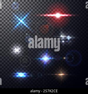 Realistic colorful bright lens flares beams and flashes on transparent backdrop. Design elements, decorative effects for your projects on isolated background. Vector illustration Stock Vector